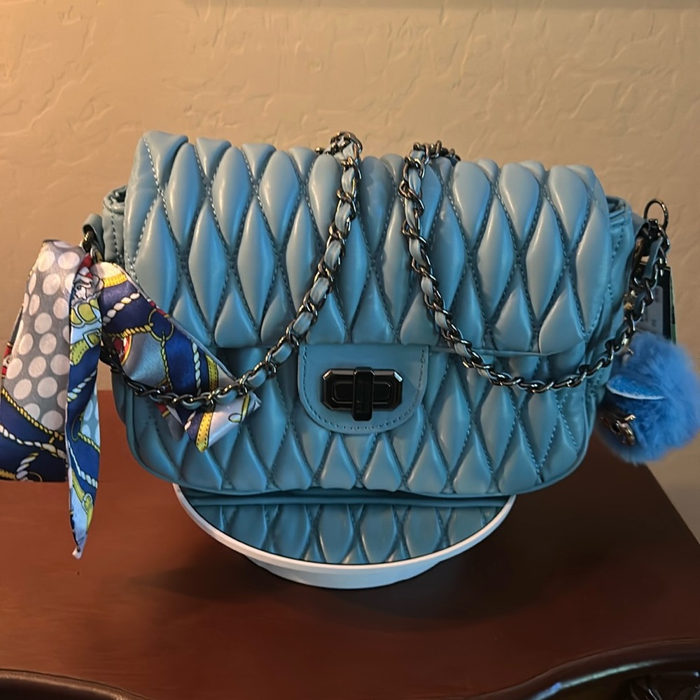 Badgley Mischka Blue Quilted Shoulder Bag includes Bag Charm and Twilly